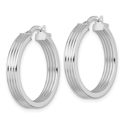 14K Weißgold Poliert und Gerillt 4.00 X 24mm Röhre Creolen