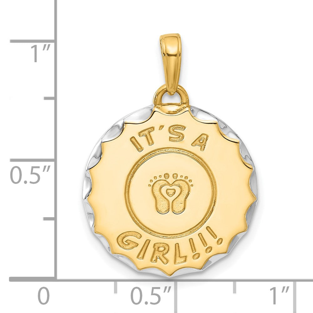 14K Gelbgold und Rhodium diamantgeschliffener „It's a Girl!“-Scheiben-Anhänger