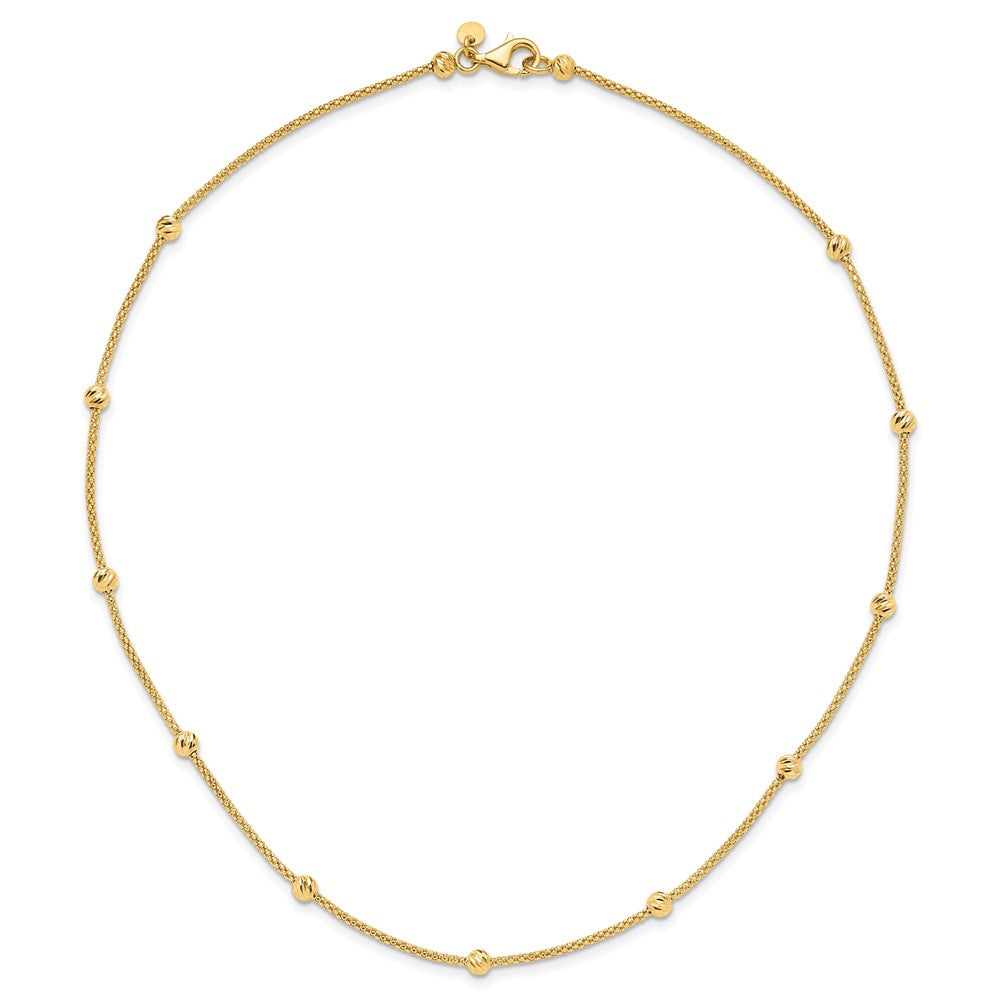 14K Gelbgold Poliert Diamantiert Perlen und Netz Kette 17 Zoll Halskette
