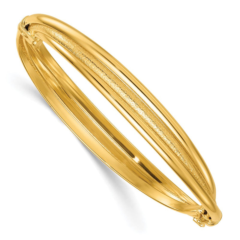 14K Gelbgold Poliert und Strukturiert Drei-row Gedreht 8.50mm Klappbar Oval Armreif Armband