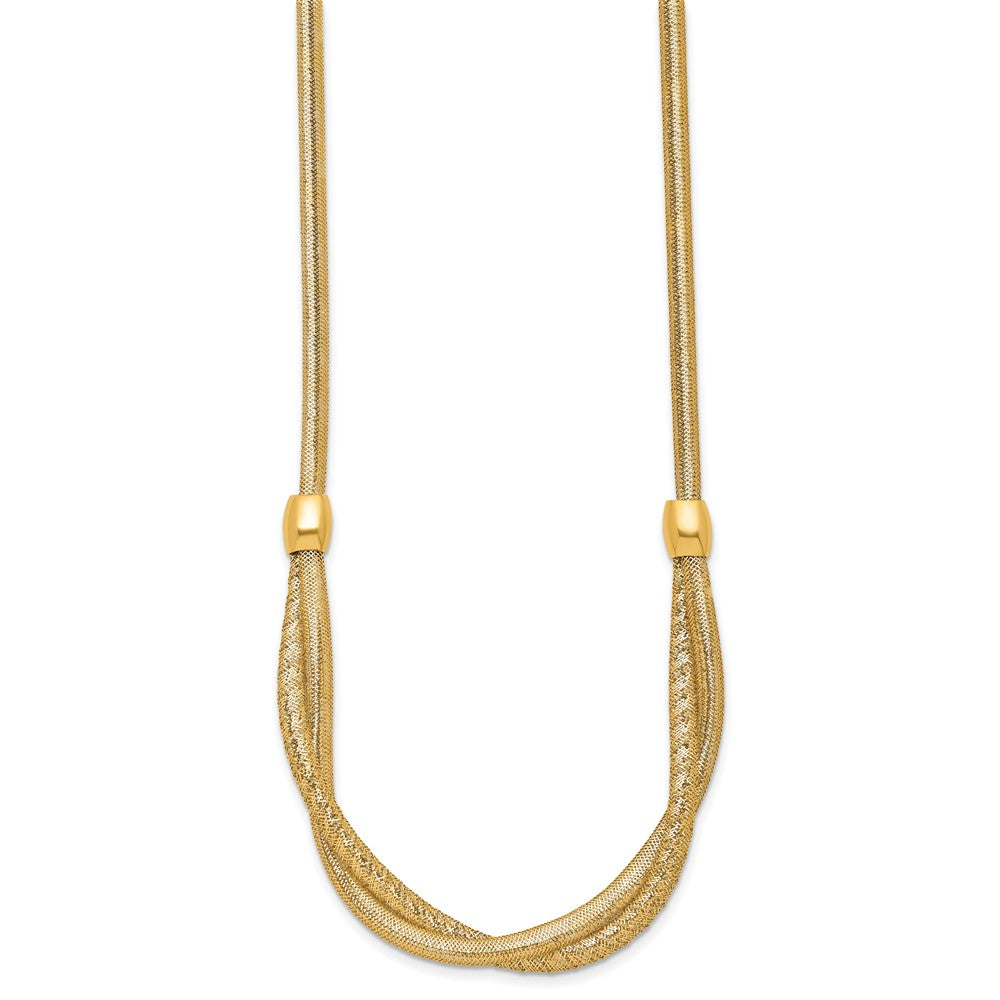 14K Gelbgold Poliert Gedreht mit Perlen 7mm Flexibel Netz 18 Zoll Halskette