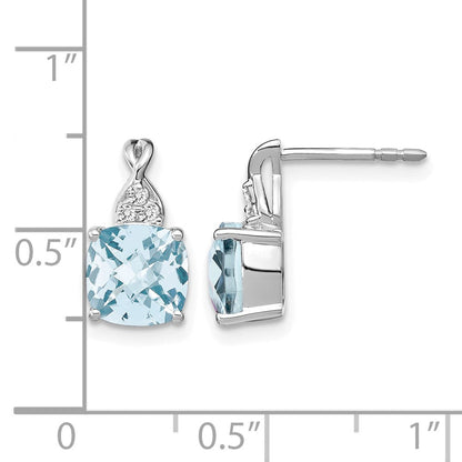 14K Weißgold Ohrstecker mit 7 mm Kissenschliff-Schachbrettmuster-Aquamarin (März) und Diamanten