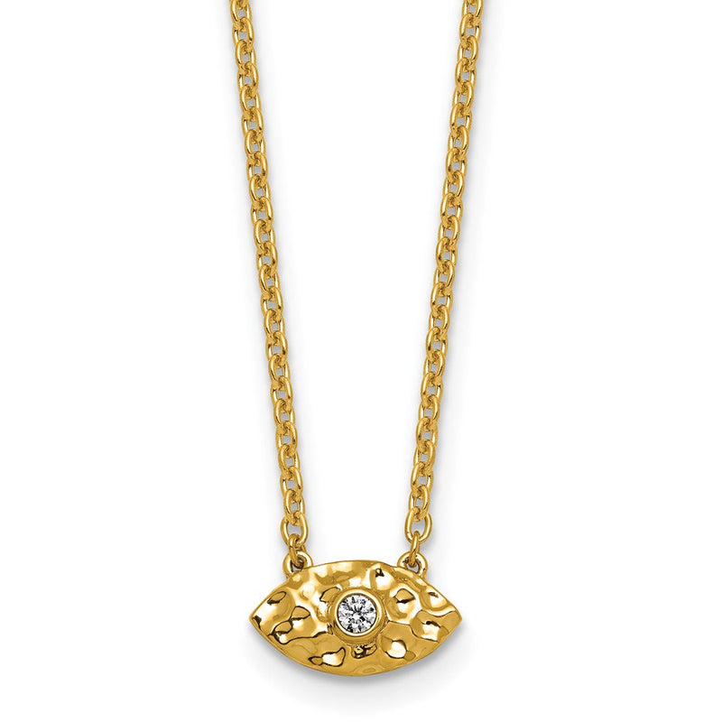 14K Gelbgold Poliert und Gehämmert 1/20 Karat Diamant Böse Auge 18 Zoll Halskette