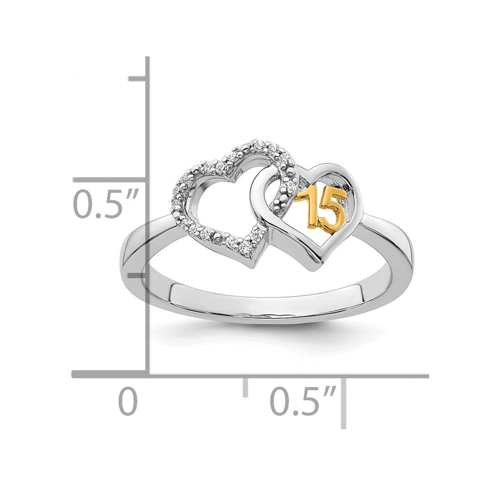 14K Bicolor Gold Polierter Diamant-Quinceañera-Doppelherz-Ring