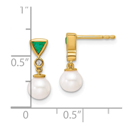 14K Gelbgold Ohrhänger mit runder Süßwasser-Zuchtperle, 0,02 ct. Diamant und Trillion-Smaragd, mit Stecker