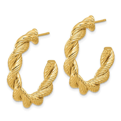 14K Gelbgold Poliert und Strukturiert Gedreht Stecker Creolen