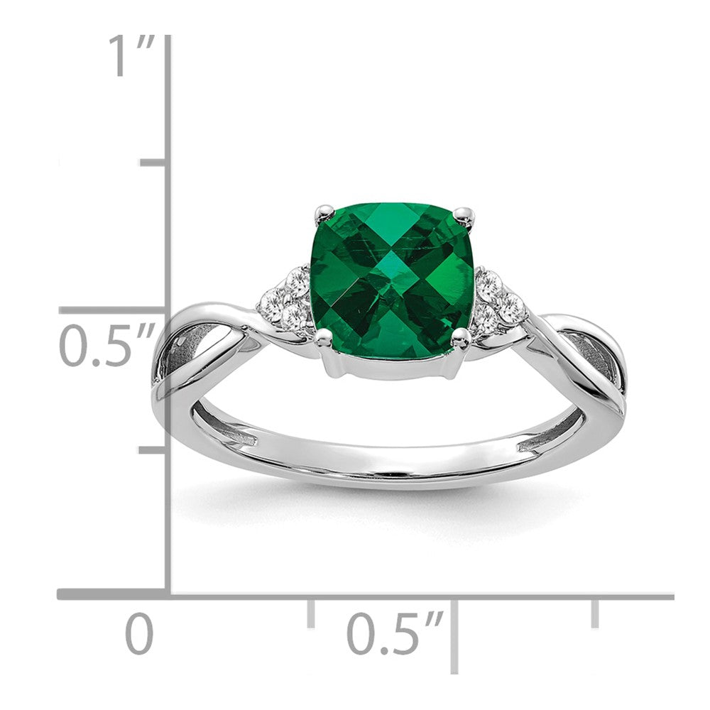 14K Weißgold 7mm Kissen Schachbrett May/im Labor Erzeugt Smaragd und Diamant Ring