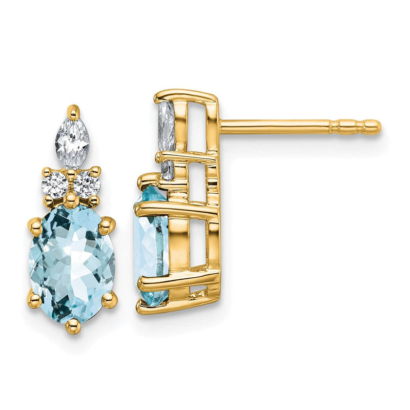14K Gelbgold Ohrstecker mit Diamanten und ovalem Aquamarin (7 x 5 mm)