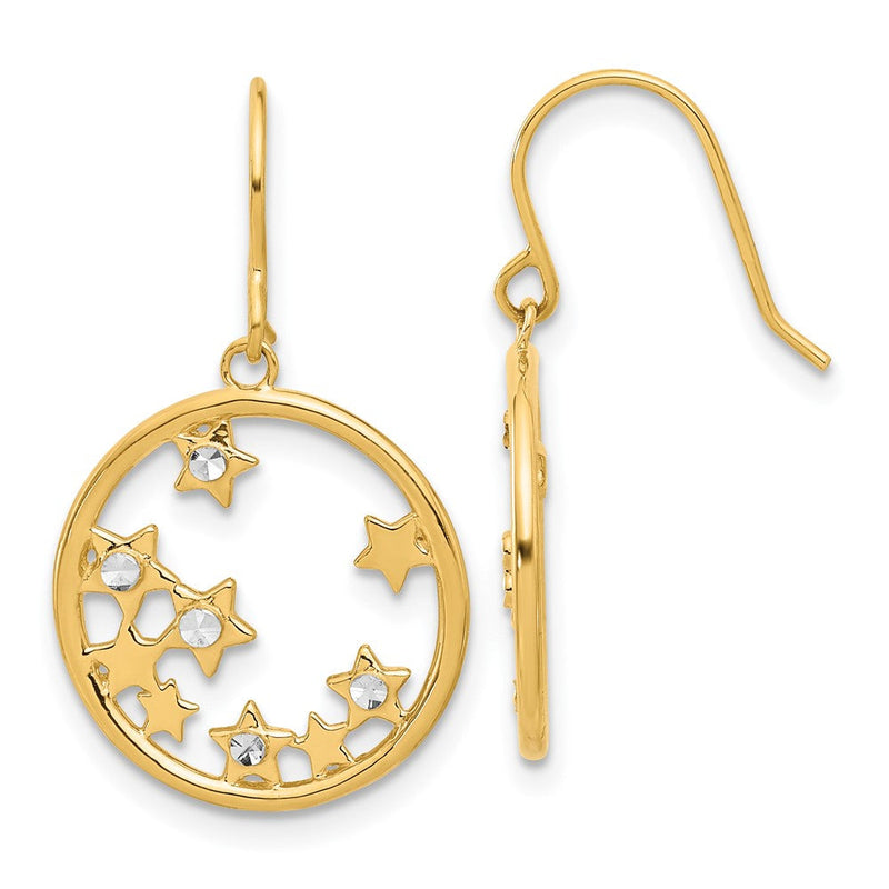 14K Gelbgold und Rhodium Diamantiert Sterne in Kreis Hängend French Haken Ohrringe