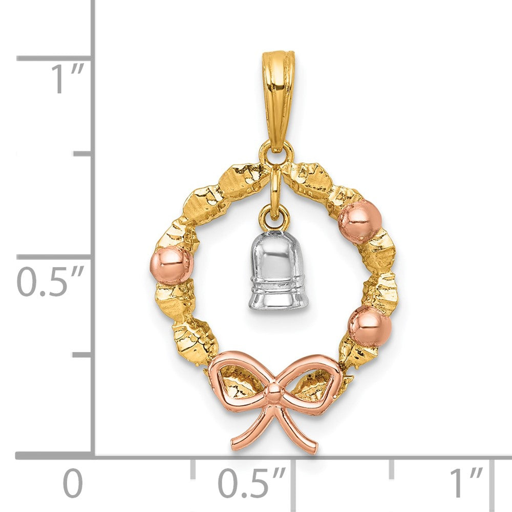 14K Zweifarbig-Gold Zweifarbig-vergoldeter Polierter Kranz-Charm mit Baumel-Glöckchen