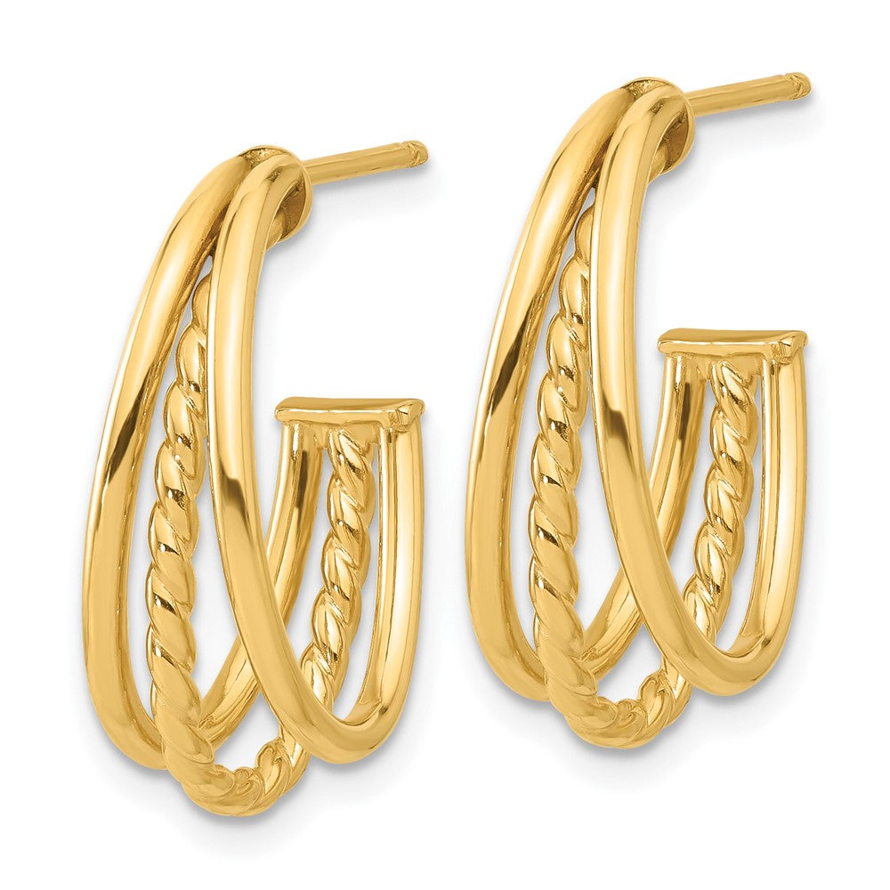 14K Gelbgold Poliert und Gedreht Oval Multi Reihe J-hoop Ohrstecker
