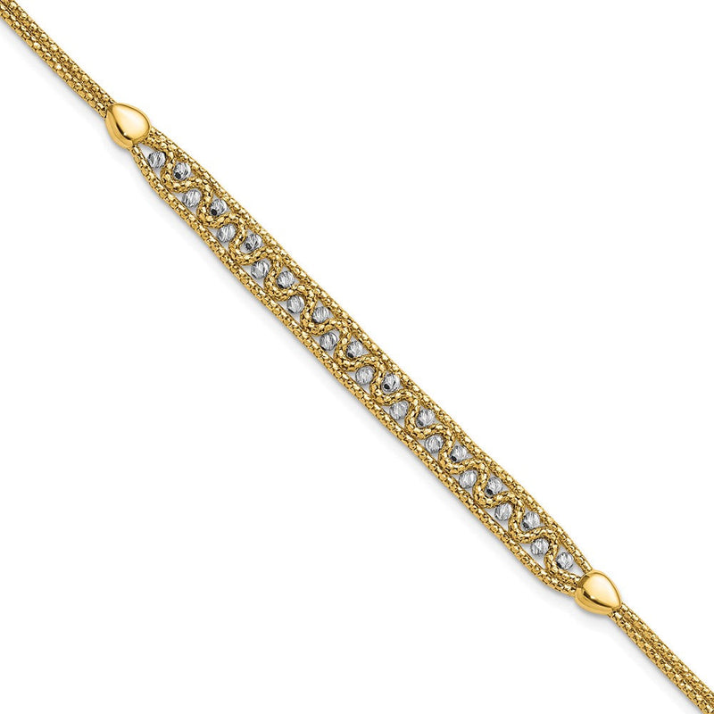 14K Bicolor Gold Strukturiert Diamantiert 7mm Gekugelt Gliederarmband Plus Verlängerung