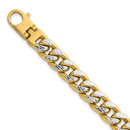 14K Gelbgold mit Rhodium Pavé Strukturiert 8.5mm Flach Panzer Kette Herren Armband