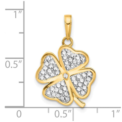 14K Gelbgold und Rhodium, poliert und diamantiert, Kleeblatt-Anhänger mit 4 Blättern