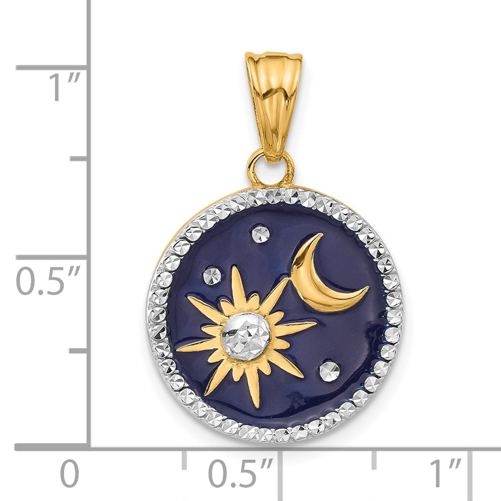 14K Gelbgold und Rhodium diamantgeschliffener blau emaillierter Sonne-und-Mond-Anhänger