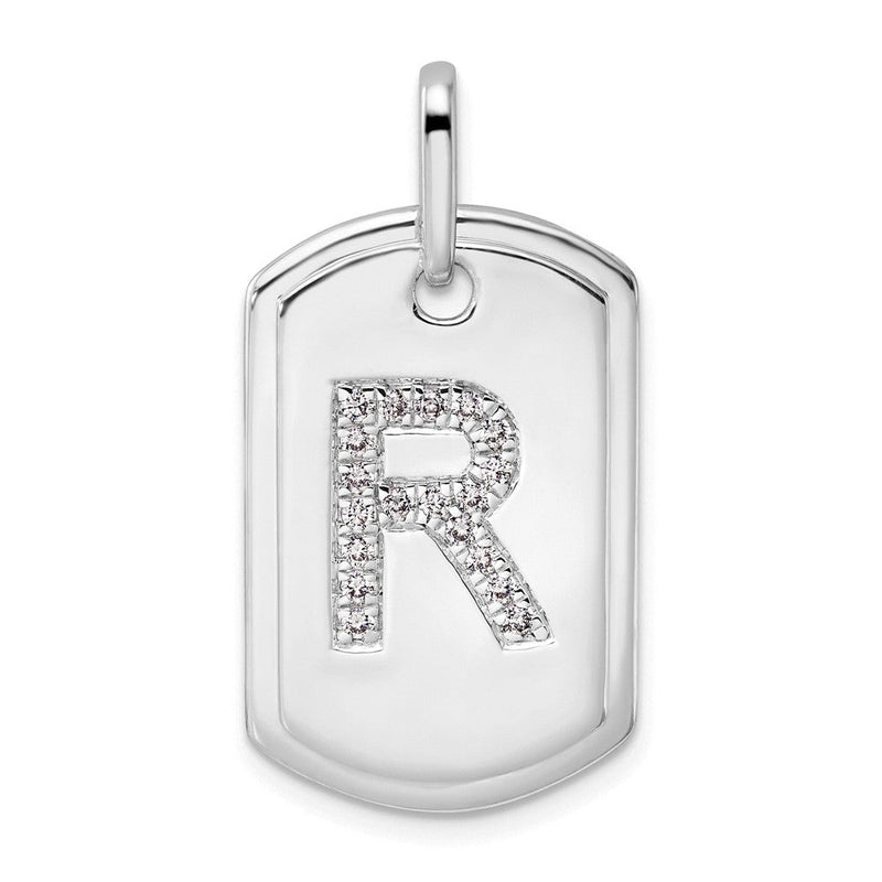 14K Weißgold Diamant-Buchstabe-R-Dog-Tag-Charm