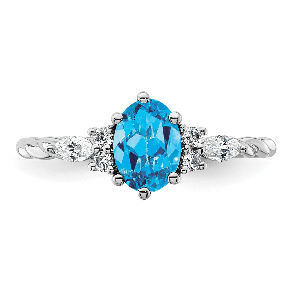 14K Weißgold Ring mit Diamant und 7x5 ovalem Dezember-/Blautopas, Größe 7, gedreht