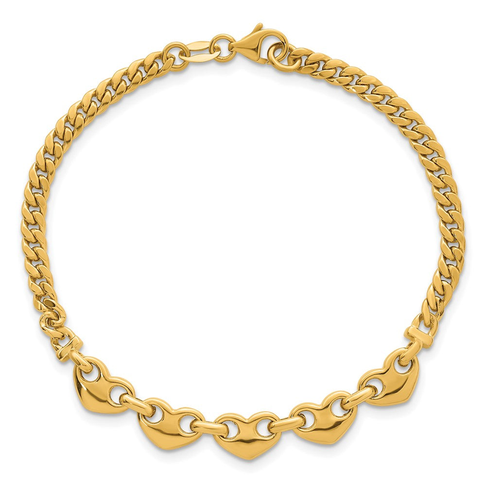 14K Gelbgold Poliert Five Herzen mit Panzer Glieder 7 Zoll Armband