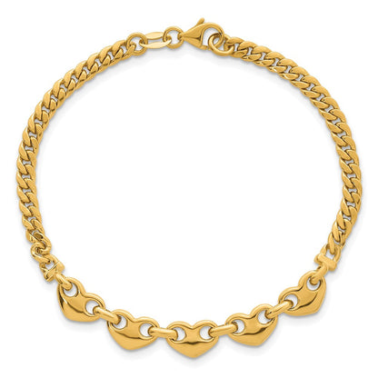 14K Gelbgold Poliert Five Herzen mit Panzer Glieder 7 Zoll Armband