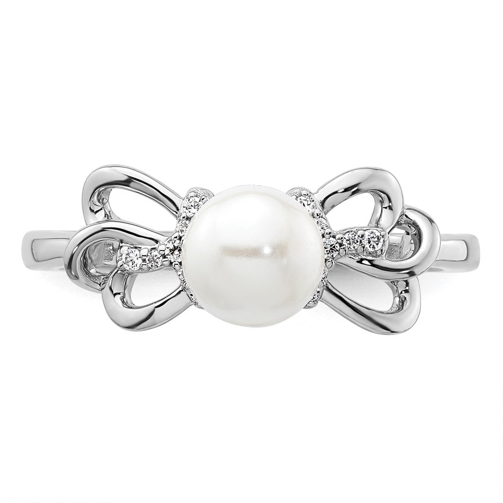 14K Weißgold Ring, poliert, mit Diamant und Perle