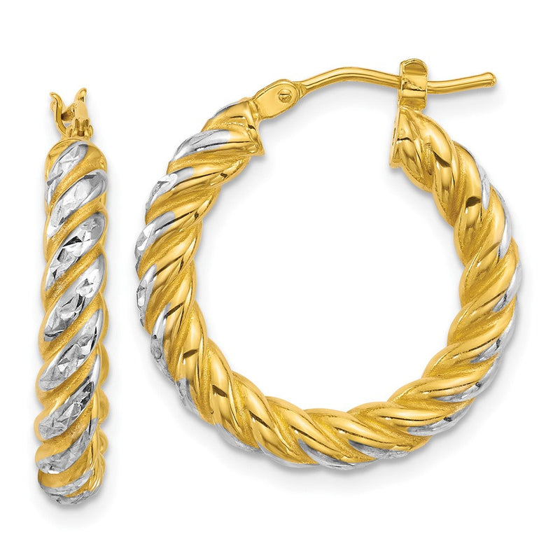 14K Gelbgold mit Rhodium Poliert Diamantiert Gedreht 3.75mm Röhre Creolen
