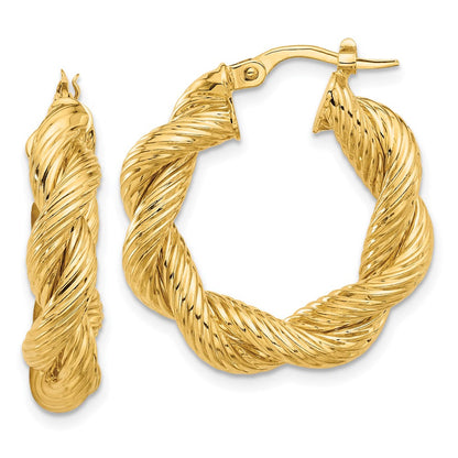 14K Gelbgold Poliert und Strukturiert Gedreht Creolen