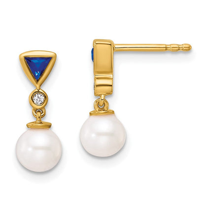 14K Gelbgold Ohrhänger mit runder Süßwasserzuchtperle, 0,02 ct. Diamant und Trillion-Saphir
