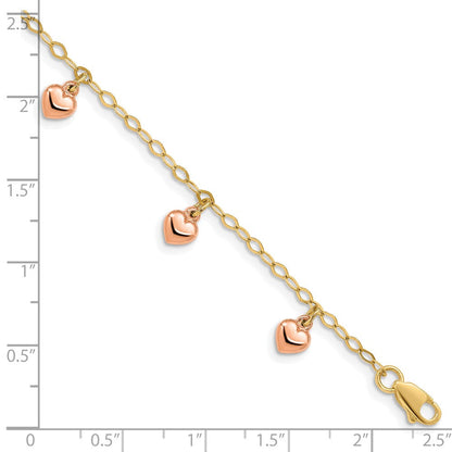 14K Gelbgold mit Roségold Herzen Kind Gewölbt Herz Charm Armband