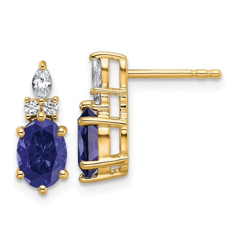 14K Gelbgold Ohrstecker mit Diamanten und ovalem 7x5 mm laborgezüchtetem September-Saphir