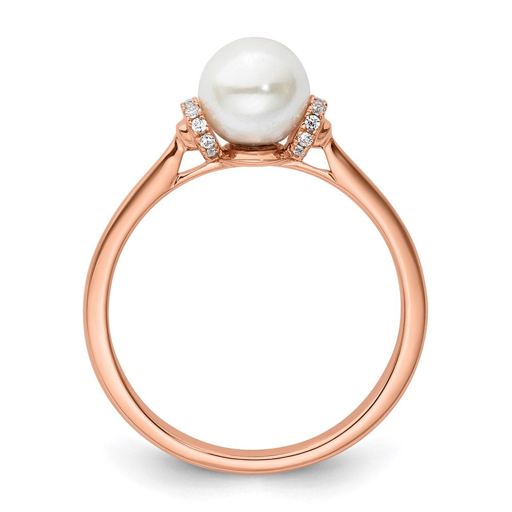 14K Roségold Ring, poliert, mit 0,067 Karat Diamant und weißer Süßwasser-Zuchtperle, Größe 7