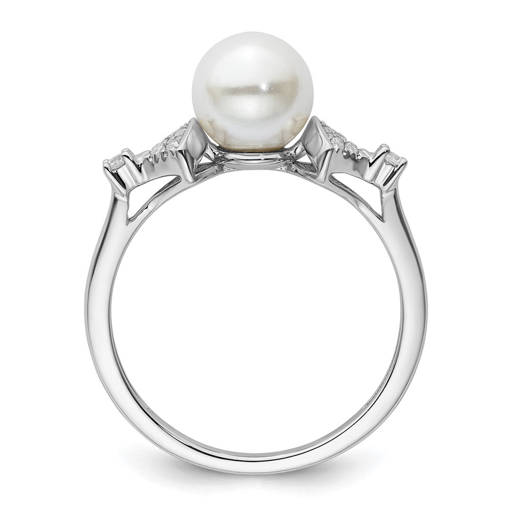 14K Weißgold polierter Ring mit Süßwasser-Zuchtperlen in Weiß und 0,1K Diamant, Größe 7
