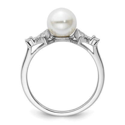 14K Weißgold polierter Ring mit Süßwasser-Zuchtperlen in Weiß und 0,1K Diamant, Größe 7