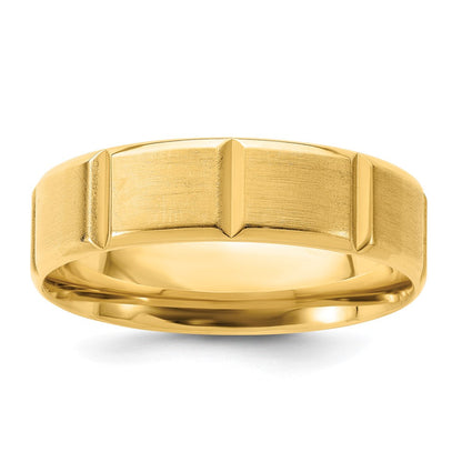 14K Gelbgold 6 mm Ehering mit Standardgewicht, Komfort-Passform, gebürstet/poliert, abgeschrägter Kante und vertikalen Linien