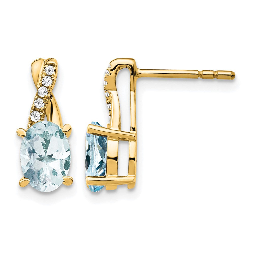 14K Gelbgold Ohrstecker mit ovalem 7x5 mm März-/Aquamarin-Stein und Diamanten