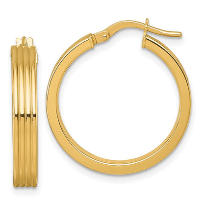 14K Gelbgold Poliert und Gerillt 4.00 X 24mm Röhre Creolen