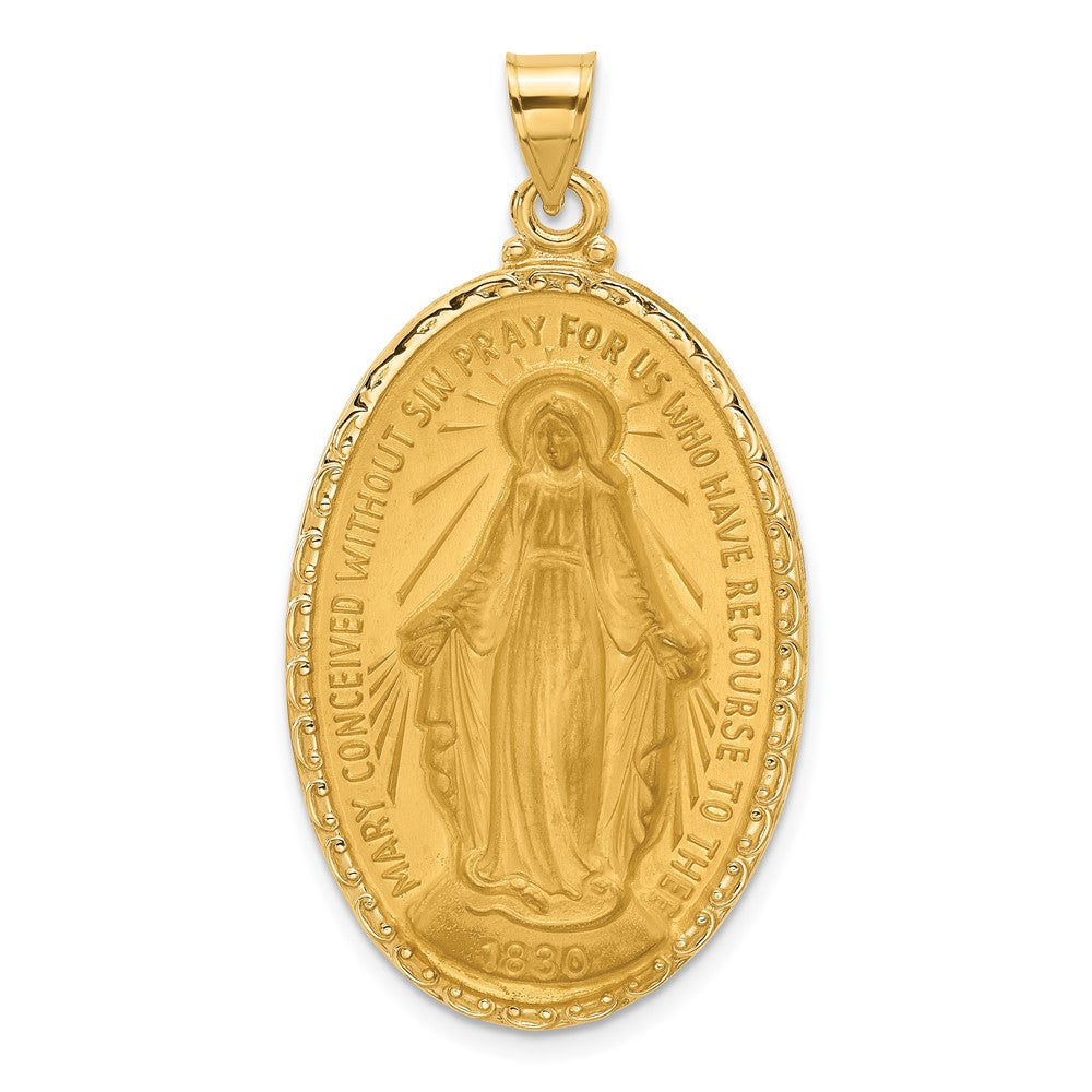 14K Gelbgold Poliert und Satiniert Massiv Groß Wundertätig Medaille Oval Anhänger