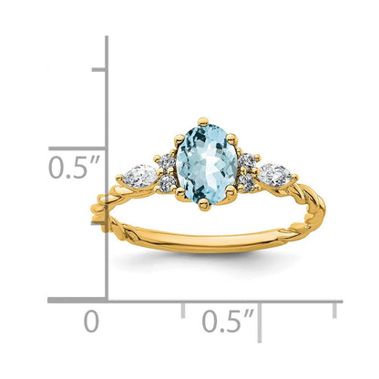 14K Gelbgold Ring mit Diamanten und 7x5 ovalem März-/Aquamarin, Größe 7, gedreht