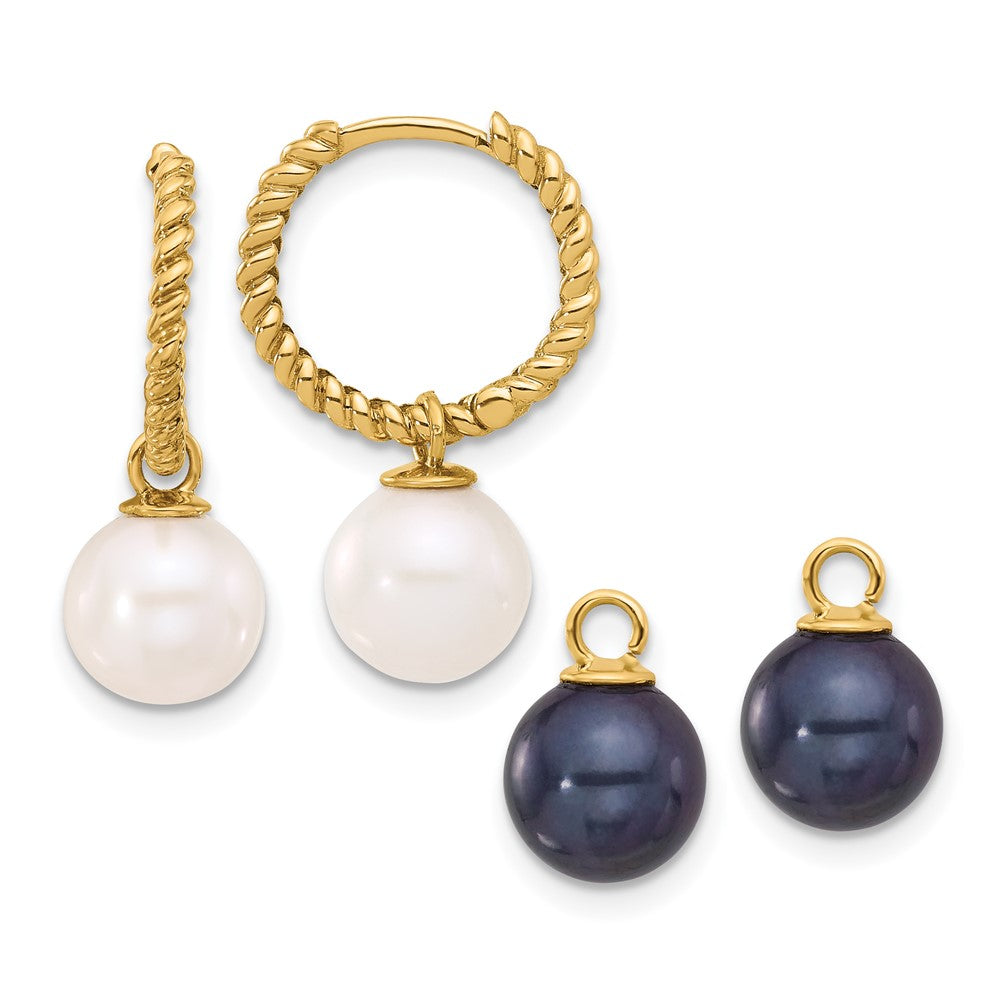 14K Gelbgold 7-8mm Schwarz und Süßwasser Zuchtperle Removable Hängend Creolen