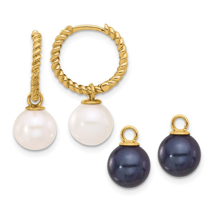 14K Gelbgold 7-8mm Schwarz und Süßwasser Zuchtperle Removable Hängend Creolen