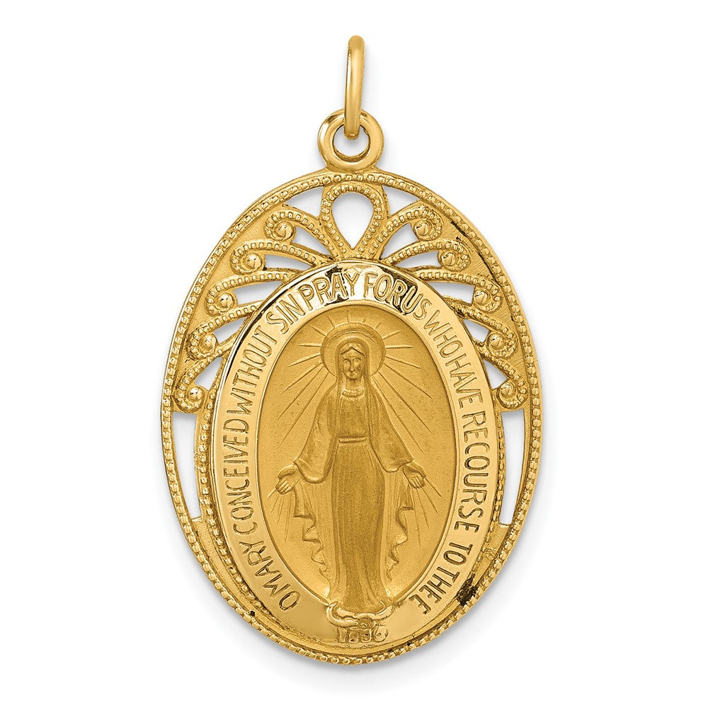 14K Gelbgold Poliert und Satiniert Halbmassiv Wundertätig Medaille in Rahmen Oval Anhänger