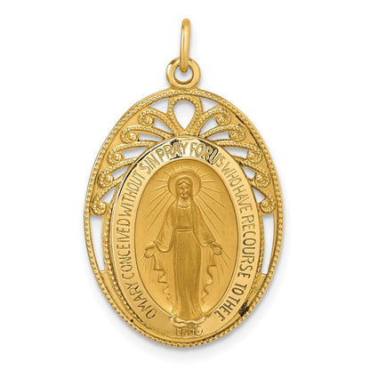 14K Gelbgold Poliert und Satiniert Halbmassiv Wundertätig Medaille in Rahmen Oval Anhänger