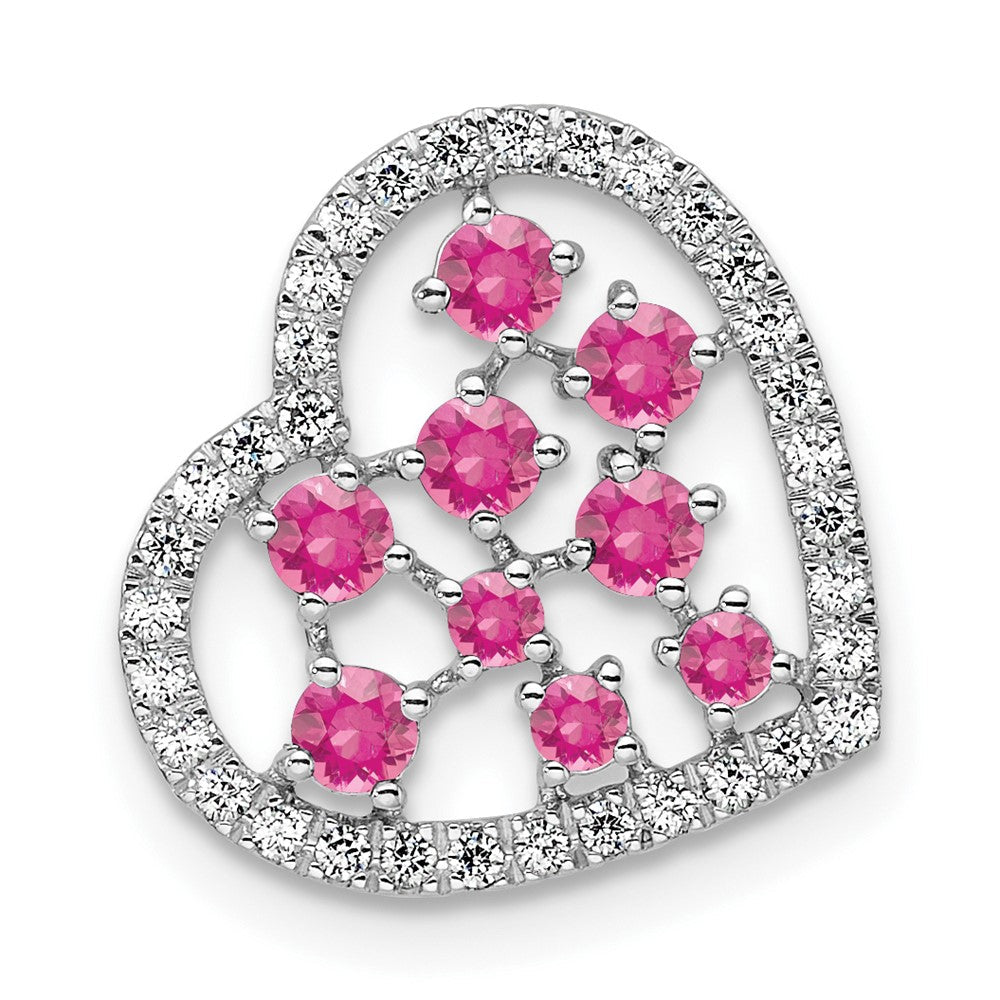 14K Weißgold Poliert Diamant und Rosa Turmalin Herz Kette Anhänger