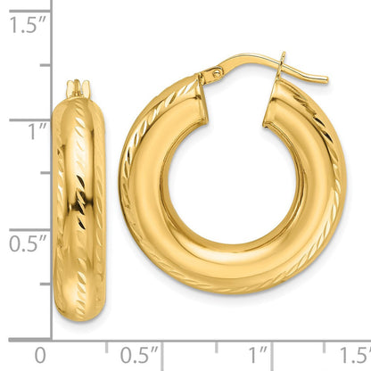 14K Gelbgold 6x27mm Poliert Diamantiert Rund Röhre Creolen