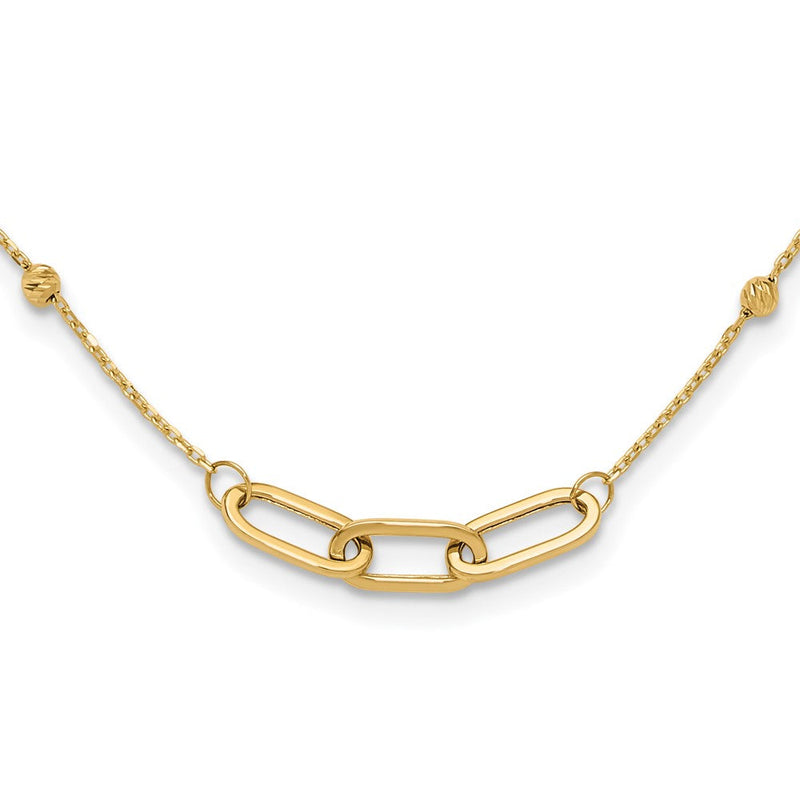 14K Gelbgold Poliert Linked Ovals und Diamantiert Perlen Fantasie 3-station 18 Zoll Halskette