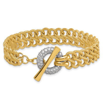 14K Gelbgold mit Rhodium 12.25mm Strukturiert Fantasie Kette mit Zirkonia Knebel 7.5 Zoll Armband