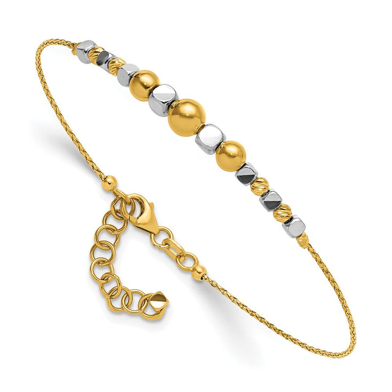 14K Bicolor Gold Poliert Diamantiert Rund und Quadratisch Gekugelt 7 Zoll Armband mit 1 Zoll Verlängerung