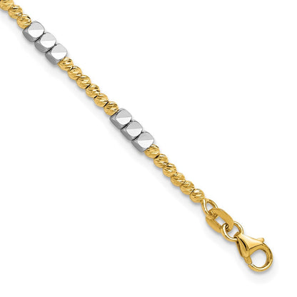 14K Bicolor Gold Bicolor Diamantiert Rund und Quadratisch Gekugelt 7.5 Zoll Armband