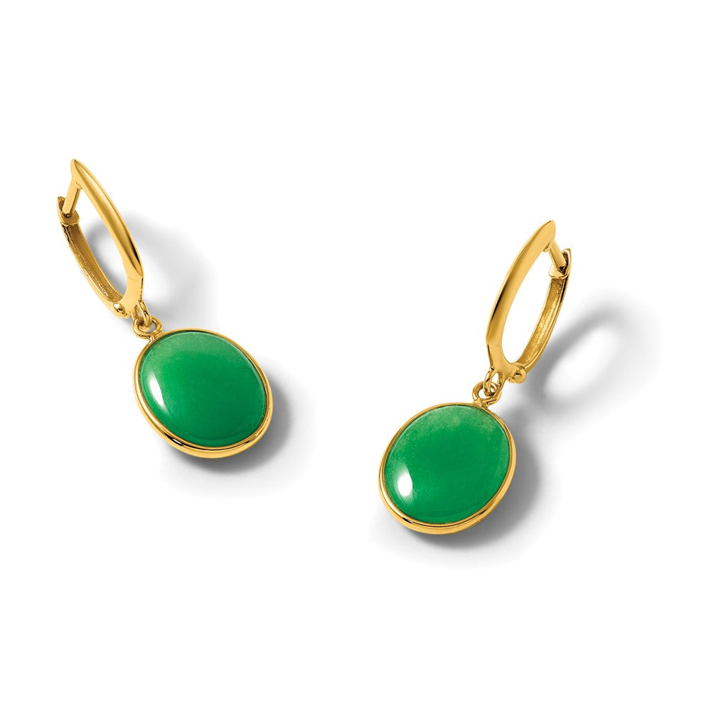 14K Gelbgold Poliert Oval Jade Cabochon Hängend Klappbar Creolen