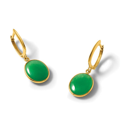 14K Gelbgold Poliert Oval Jade Cabochon Hängend Klappbar Creolen