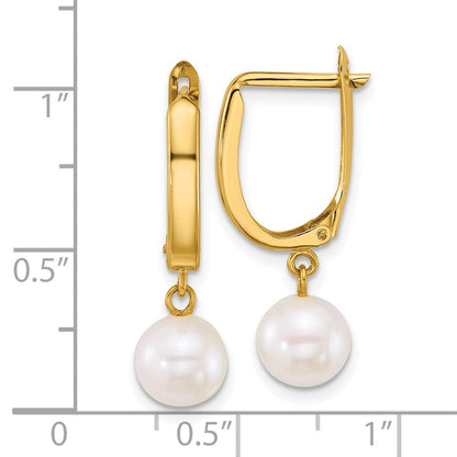 14K Gelbgold Poliert 7-8mm Rund Süßwasser Zuchtperle Hängend Creolen